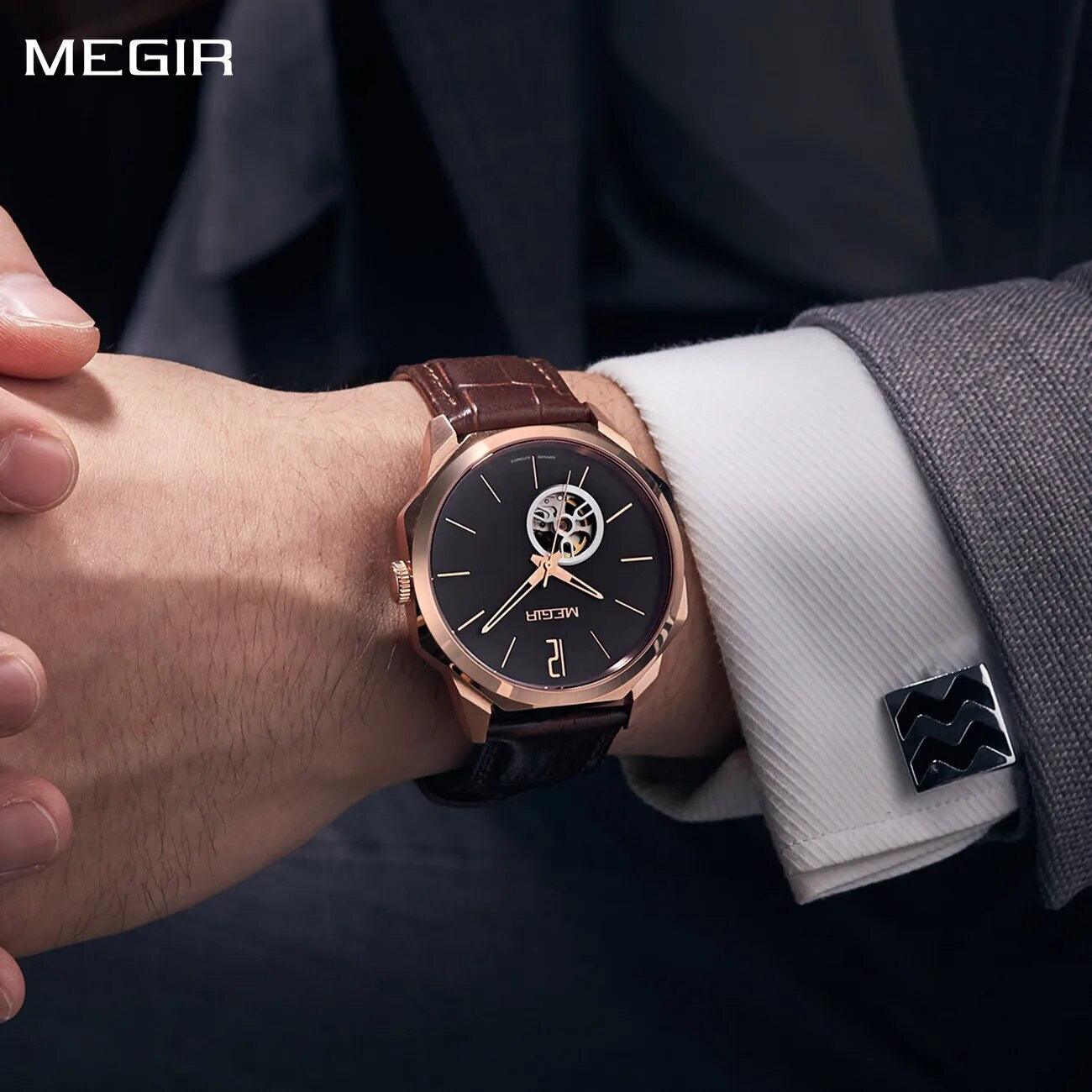 MEGIR Retro Men's Wristwatch Luxury Automatic Mechanical Watches Leather Strap Sapphire 5ATM Waterproof Watch Relogio Masculino 62073