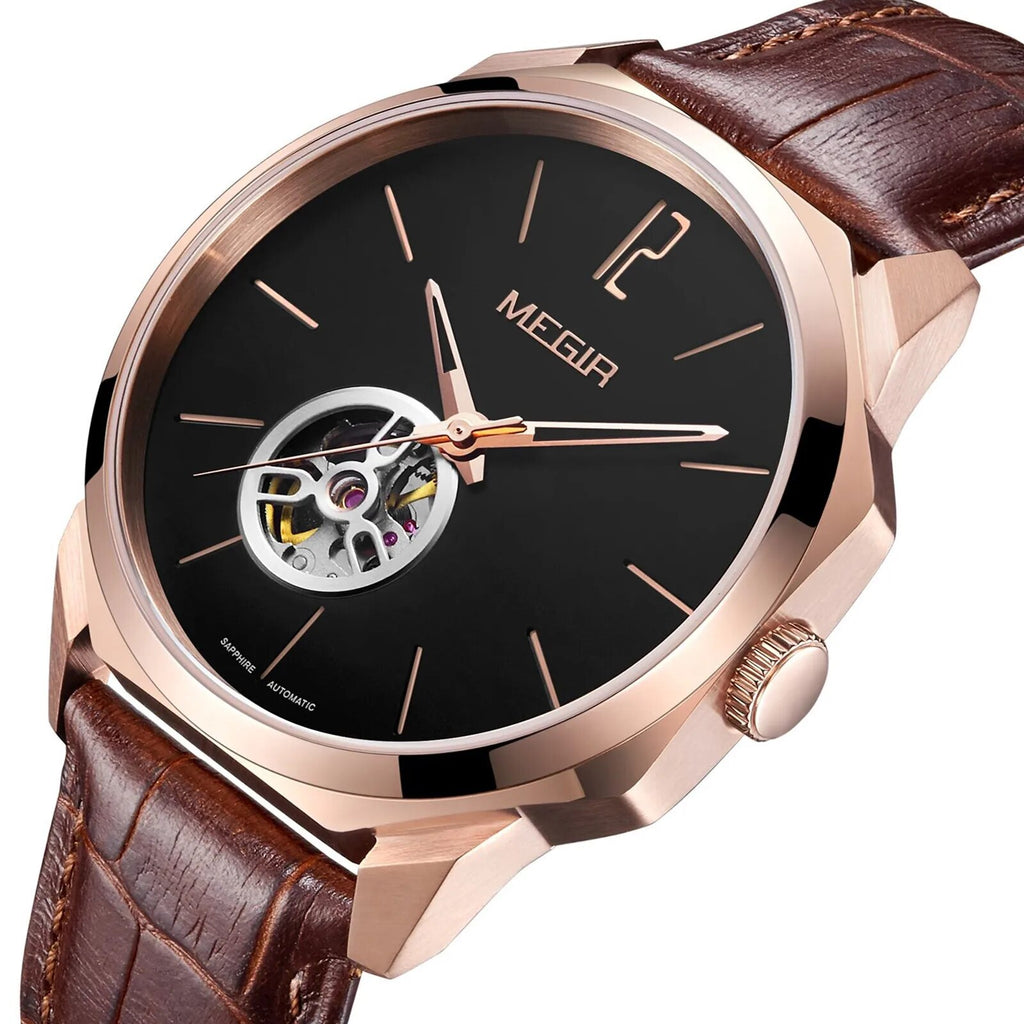 MEGIR Retro Men's Wristwatch Luxury Automatic Mechanical Watches Leather Strap Sapphire 5ATM Waterproof Watch Relogio Masculino 62073