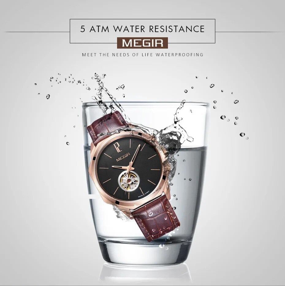 MEGIR Retro Men's Wristwatch Luxury Automatic Mechanical Watches Leather Strap Sapphire 5ATM Waterproof Watch Relogio Masculino 62073