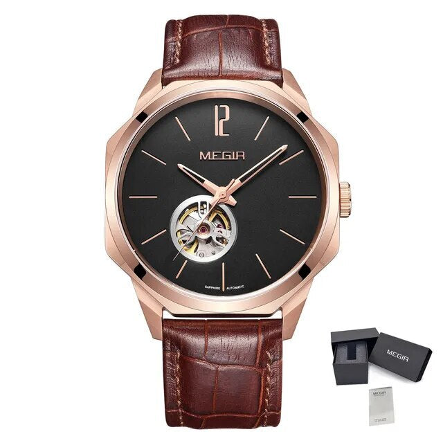 MEGIR Retro Men's Wristwatch Luxury Automatic Mechanical Watches Leather Strap Sapphire 5ATM Waterproof Watch Relogio Masculino 62073