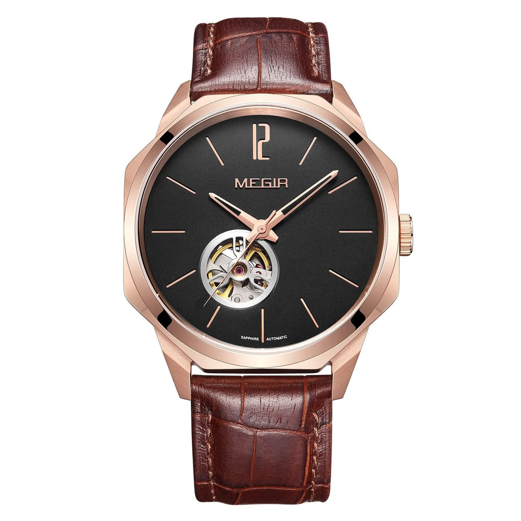MEGIR Retro Men's Wristwatch Luxury Automatic Mechanical Watches Leather Strap Sapphire 5ATM Waterproof Watch Relogio Masculino 62073