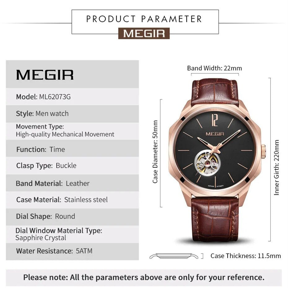 MEGIR Retro Men's Wristwatch Luxury Automatic Mechanical Watches Leather Strap Sapphire 5ATM Waterproof Watch Relogio Masculino 62073