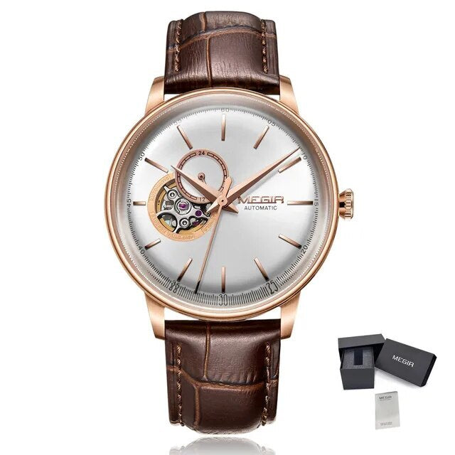 MEGIR Automatic Men's Watch Mechanical Movement Leather Strap Luxury Business Watches 5ATM Waterproof Big Dial Clock Wristwatch 62057