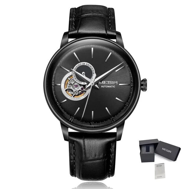 MEGIR Automatic Men's Watch Mechanical Movement Leather Strap Luxury Business Watches 5ATM Waterproof Big Dial Clock Wristwatch 62057