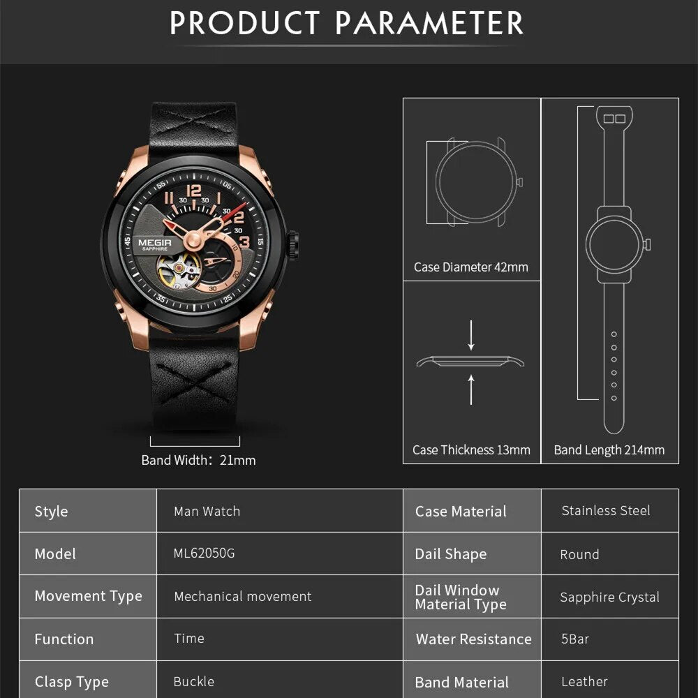 MEGIR Automatic Movement Mechanical Watches Men Luxury Fashion Leather Business Wristwatch Clock Big Dial Male Reloj Hombre 62050