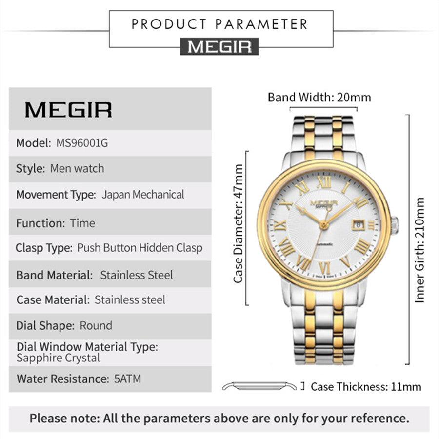 MEGIR Automatic Mechanical Watch Men Stainless Steel Watches Top Brand Luxury Business Wristwatch Male Clock Relogio Masculino 96001