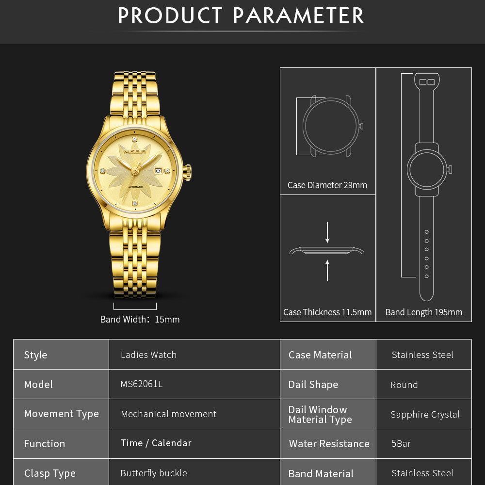 MEGIR Fashion Business Casual Watch for Women Sapphire Automatic Mechanical Wrist Watch Ladies Stainless Steel Female Date Clock 62061