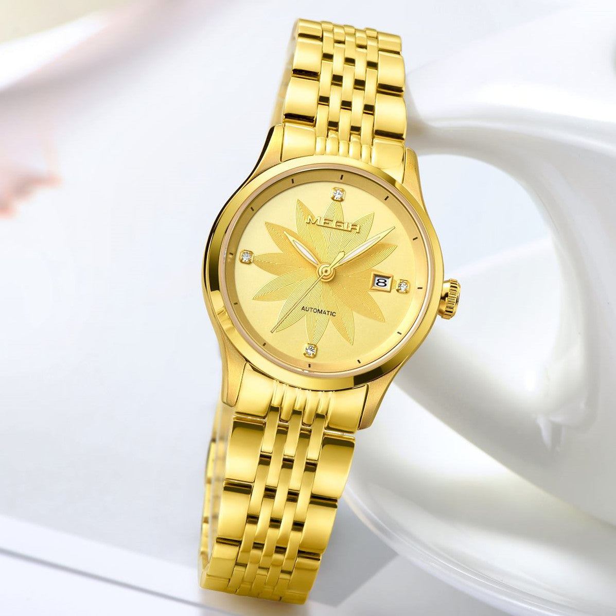 MEGIR Fashion Business Casual Watch for Women Sapphire Automatic Mechanical Wrist Watch Ladies Stainless Steel Female Date Clock 62061