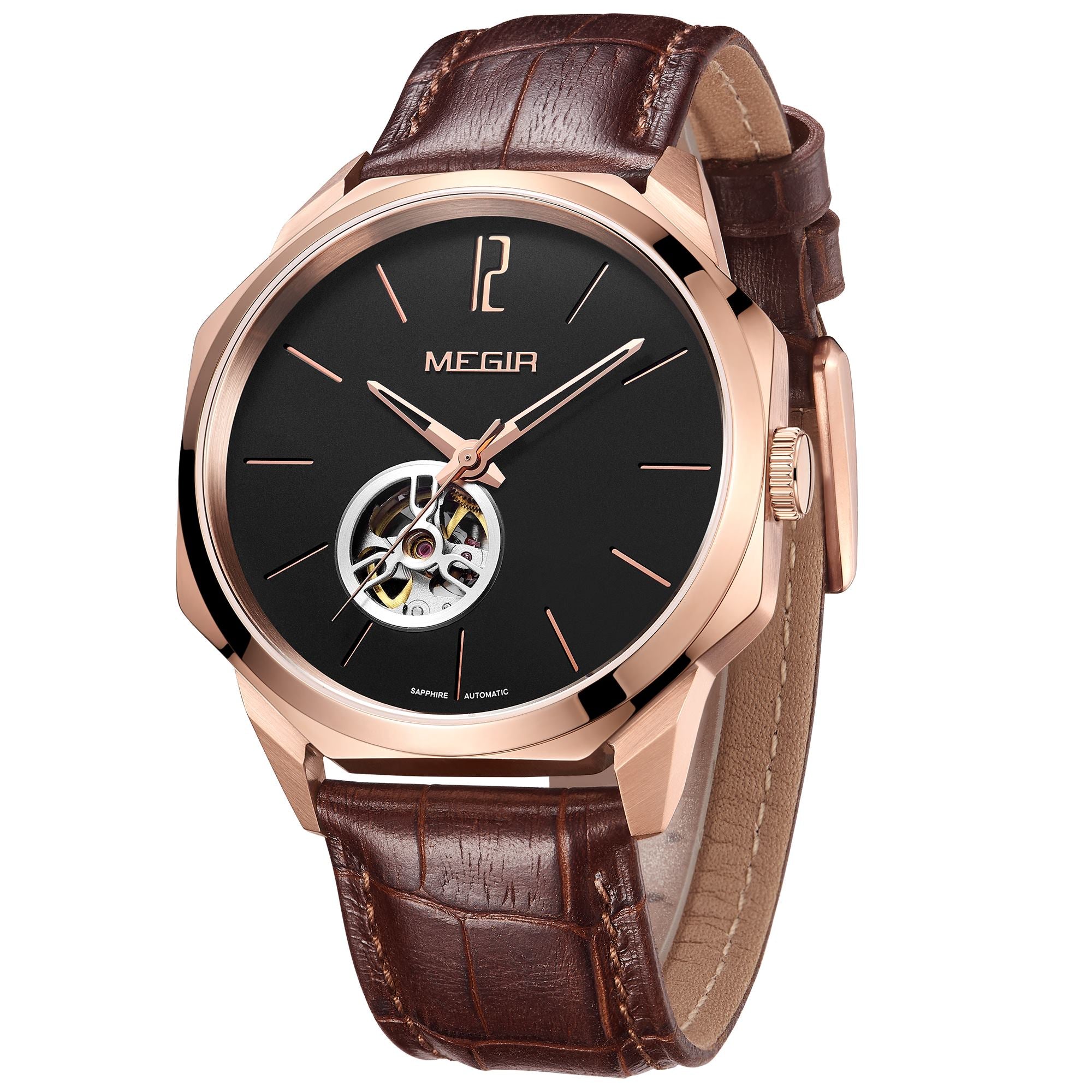 MEGIR Retro Men's Wristwatch Luxury Automatic Mechanical Watches Leather Strap Sapphire 5ATM Waterproof Watch Relogio Masculino 62073