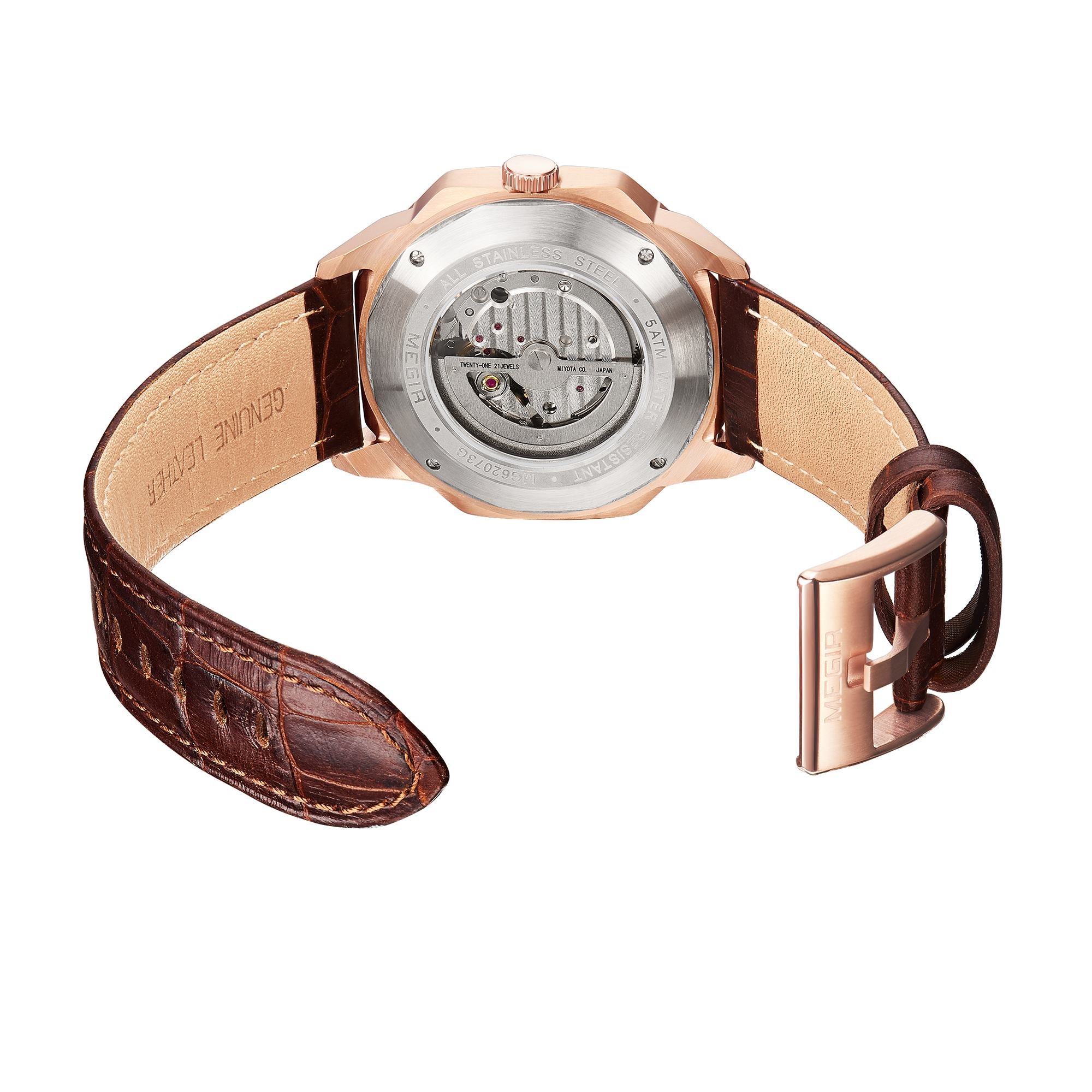 MEGIR Retro Men's Wristwatch Luxury Automatic Mechanical Watches Leather Strap Sapphire 5ATM Waterproof Watch Relogio Masculino 62073