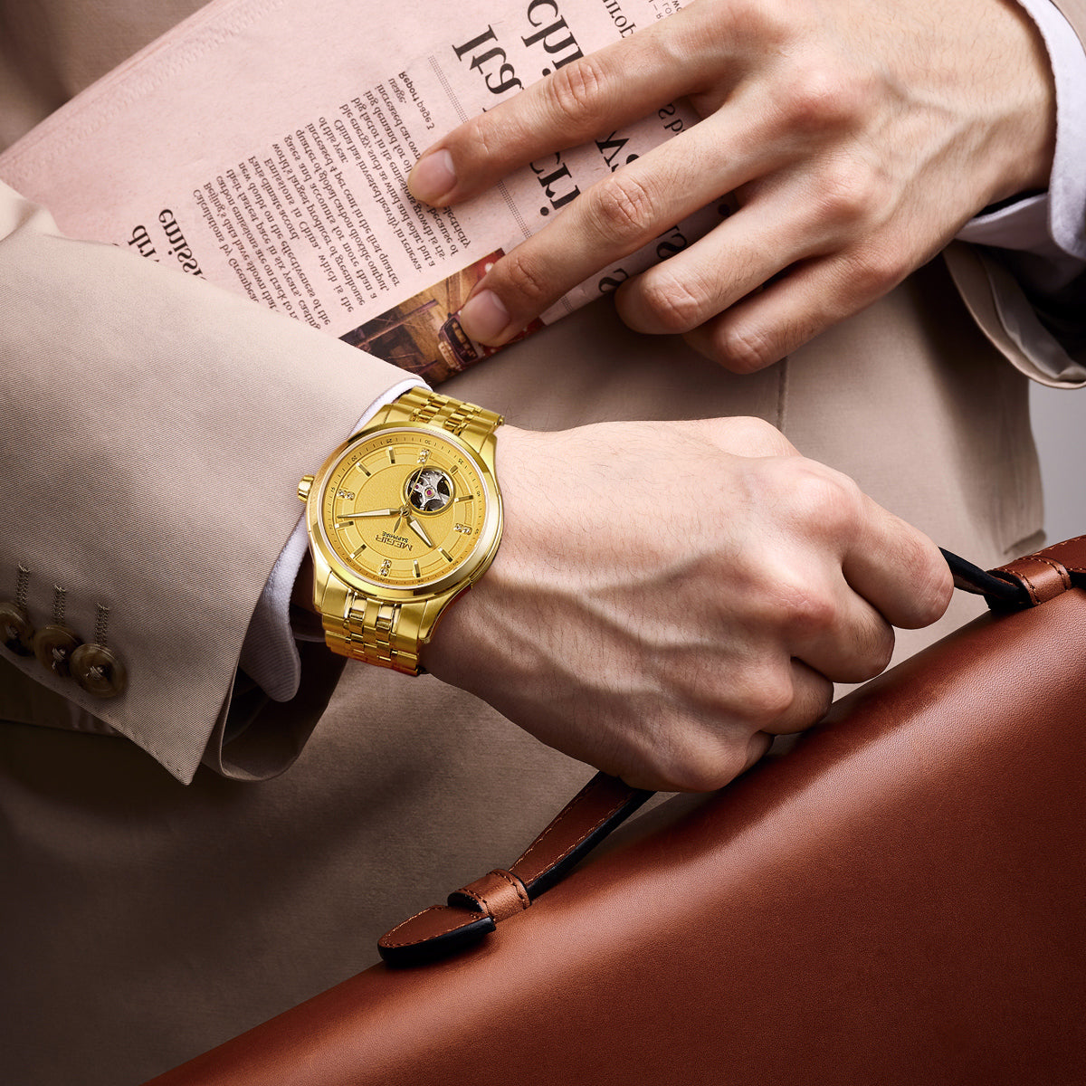 MEGIR Top Brand Luxury Business Watch Men Stainless Steel Waterproof Automatic Mechanical WristWatch Clock Big Dial Montre Homme 62055