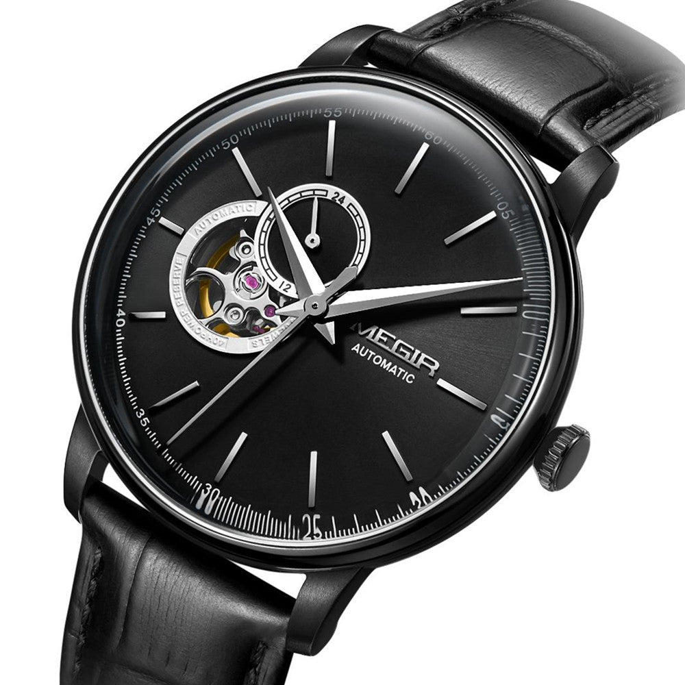 MEGIR Automatic Men's Watch Mechanical Movement Leather Strap Luxury Business Watches 5ATM Waterproof Big Dial Clock Wristwatch 62057