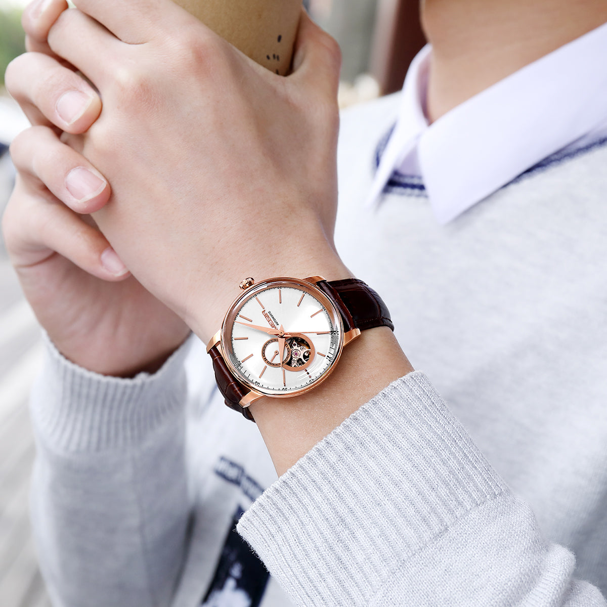 MEGIR Automatic Men's Watch Mechanical Movement Leather Strap Luxury Business Watches 5ATM Waterproof Big Dial Clock Wristwatch 62057