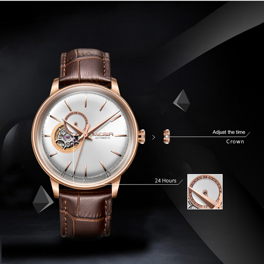 MEGIR Automatic Men's Watch Mechanical Movement Leather Strap Luxury Business Watches 5ATM Waterproof Big Dial Clock Wristwatch 62057