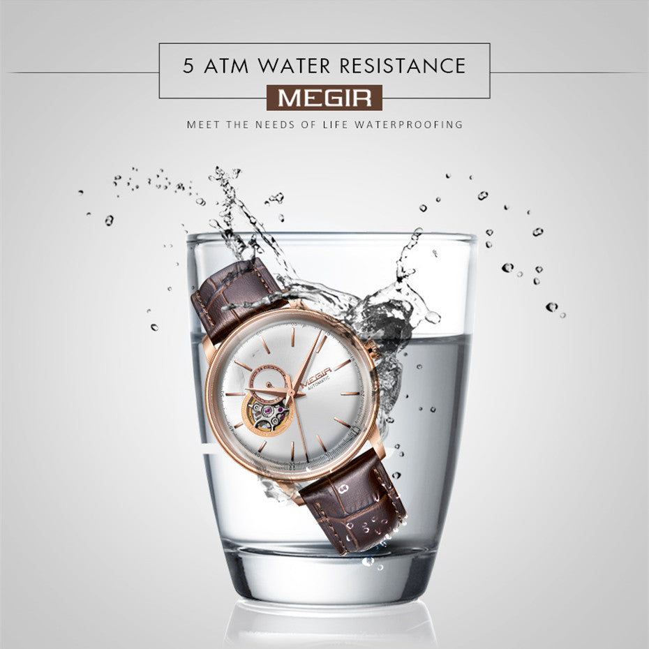 MEGIR Automatic Men's Watch Mechanical Movement Leather Strap Luxury Business Watches 5ATM Waterproof Big Dial Clock Wristwatch 62057