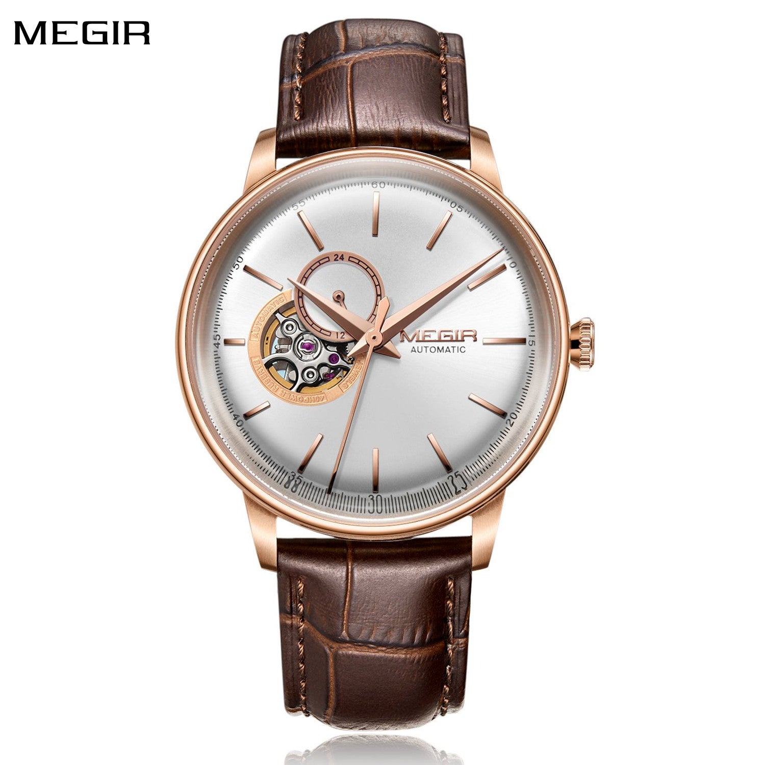 MEGIR Automatic Men's Watch Mechanical Movement Leather Strap Luxury Business Watches 5ATM Waterproof Big Dial Clock Wristwatch 62057