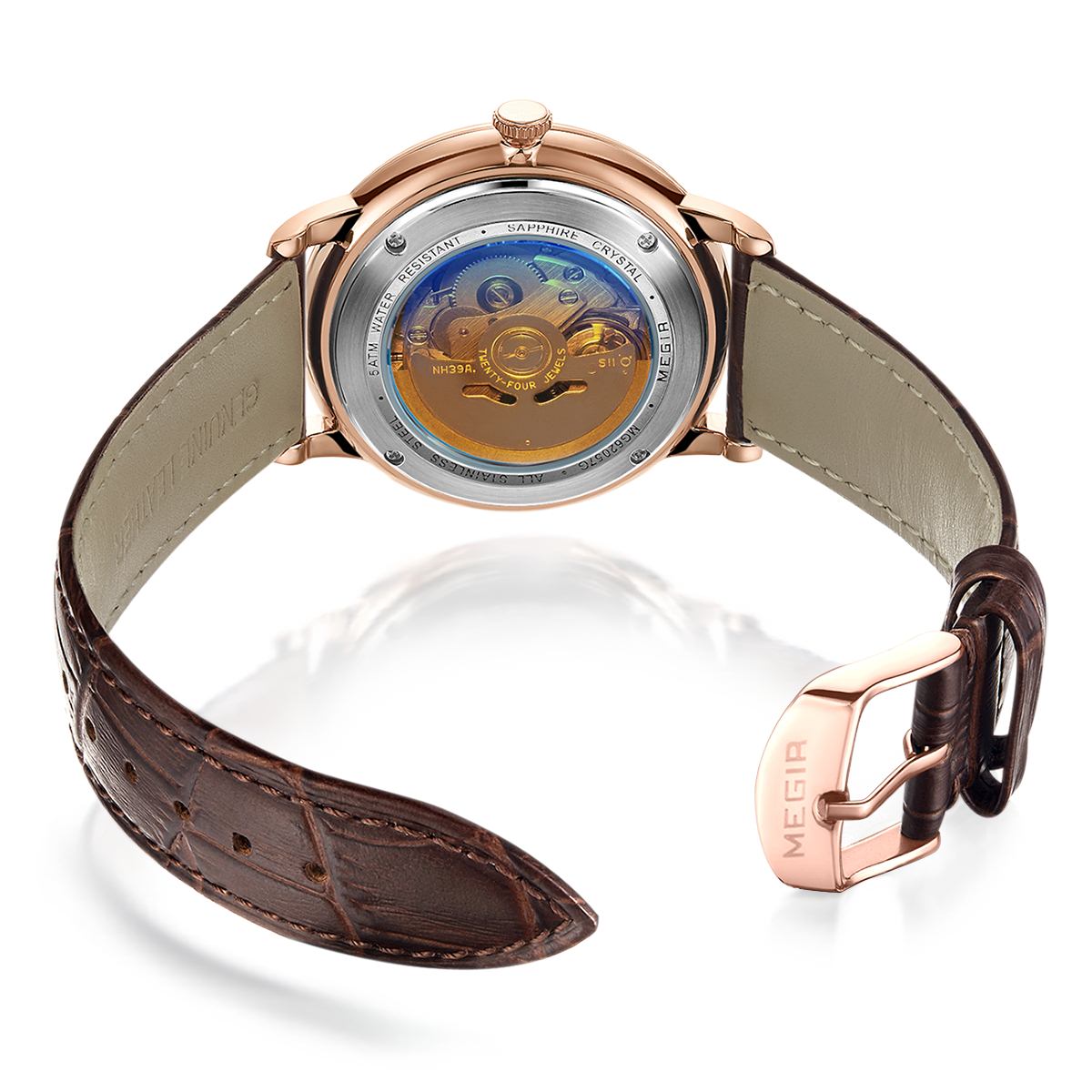 MEGIR Automatic Men's Watch Mechanical Movement Leather Strap Luxury Business Watches 5ATM Waterproof Big Dial Clock Wristwatch 62057