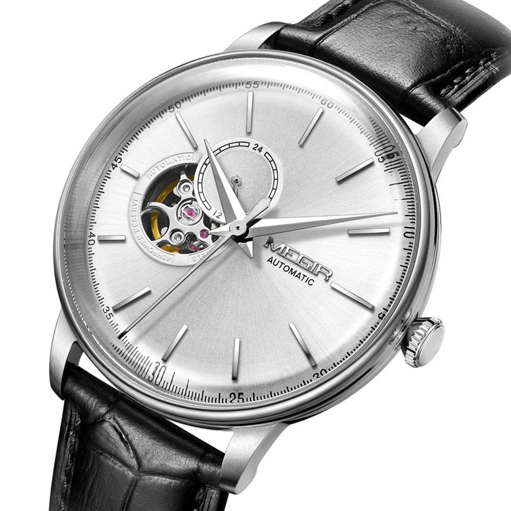 MEGIR Automatic Men's Watch Mechanical Movement Leather Strap Luxury Business Watches 5ATM Waterproof Big Dial Clock Wristwatch 62057