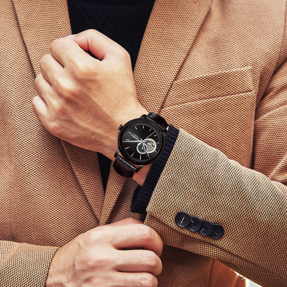 MEGIR Automatic Men's Watch Mechanical Movement Leather Strap Luxury Business Watches 5ATM Waterproof Big Dial Clock Wristwatch 62057