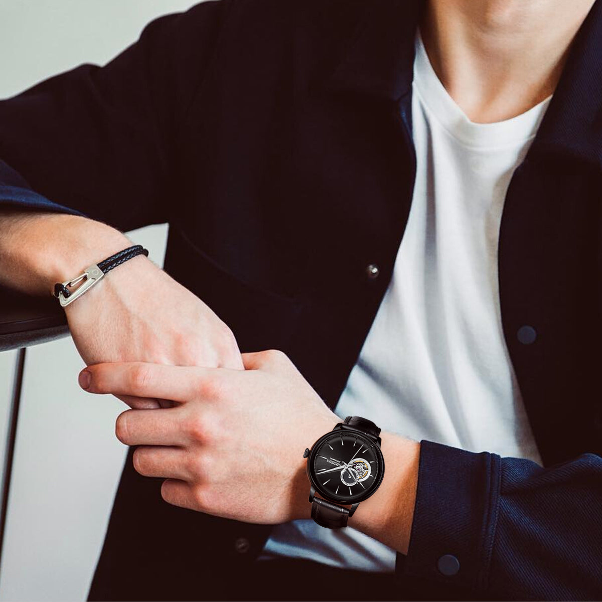 MEGIR Automatic Men's Watch Mechanical Movement Leather Strap Luxury Business Watches 5ATM Waterproof Big Dial Clock Wristwatch 62057