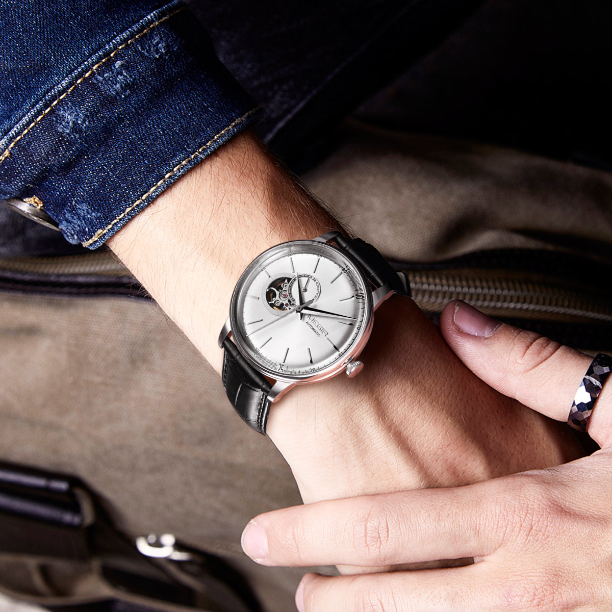 MEGIR Automatic Men's Watch Mechanical Movement Leather Strap Luxury Business Watches 5ATM Waterproof Big Dial Clock Wristwatch 62057