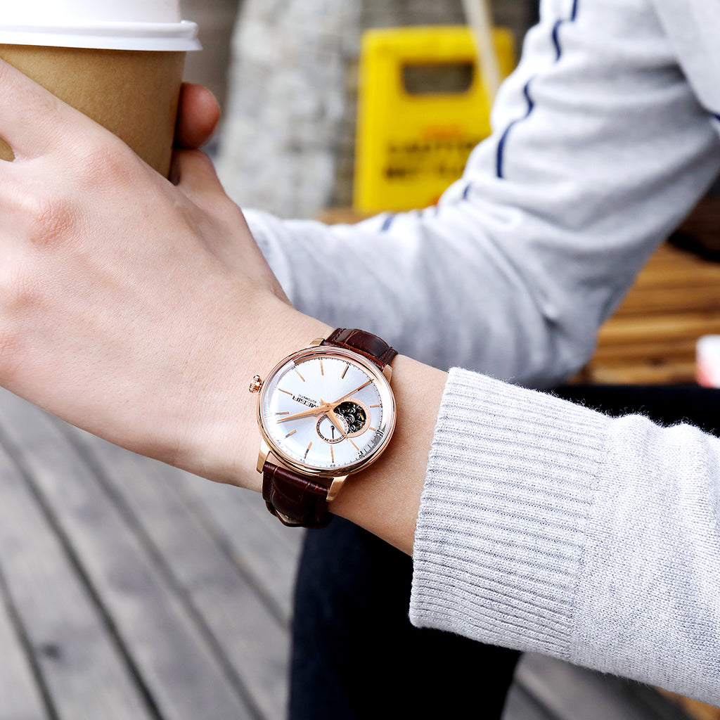 MEGIR Automatic Men's Watch Mechanical Movement Leather Strap Luxury Business Watches 5ATM Waterproof Big Dial Clock Wristwatch 62057