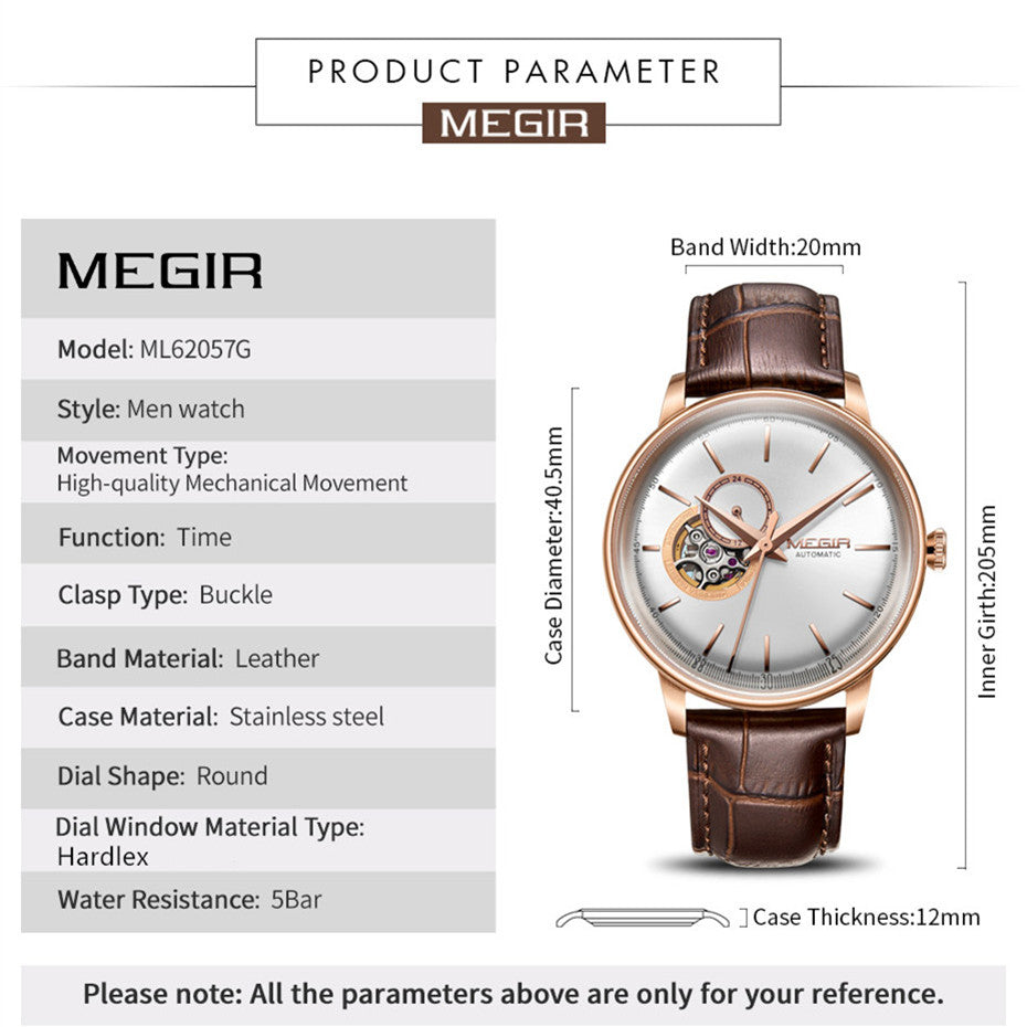 MEGIR Automatic Men's Watch Mechanical Movement Leather Strap Luxury Business Watches 5ATM Waterproof Big Dial Clock Wristwatch 62057
