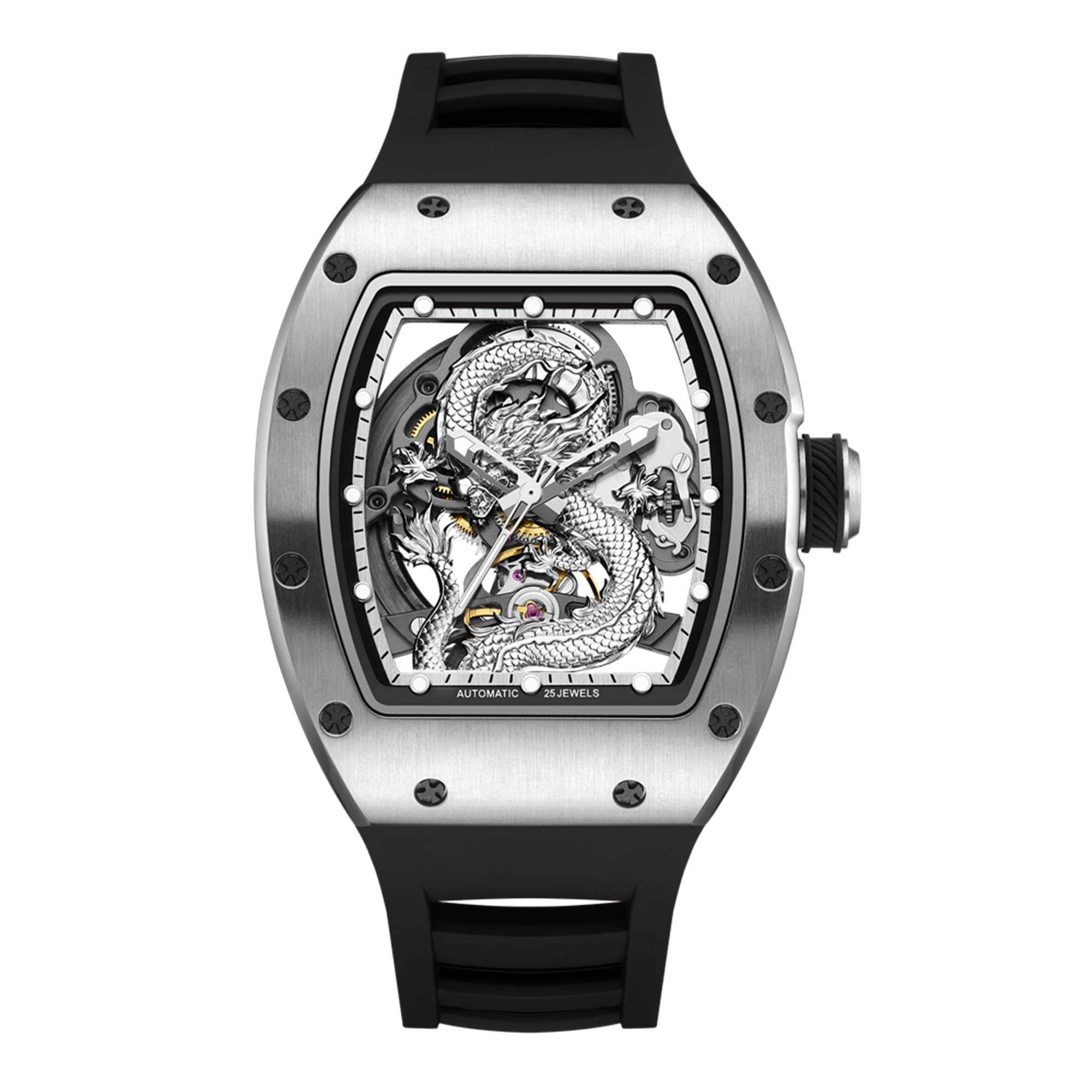 MEGIR Automatic Mechanical Skeleton Men Watch Luxury Stainless Steel Case Tonneau Dial Wristwatch Waterproof Sport Watches 9190-15