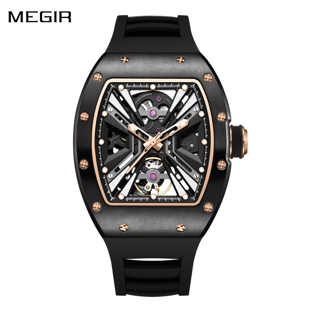 MEGIR Skeleton Dial Men's Watch Stainless Steel Case Automatic Mechanical Wristwatches 30M Waterproof Sports Watches Gift 9190-4