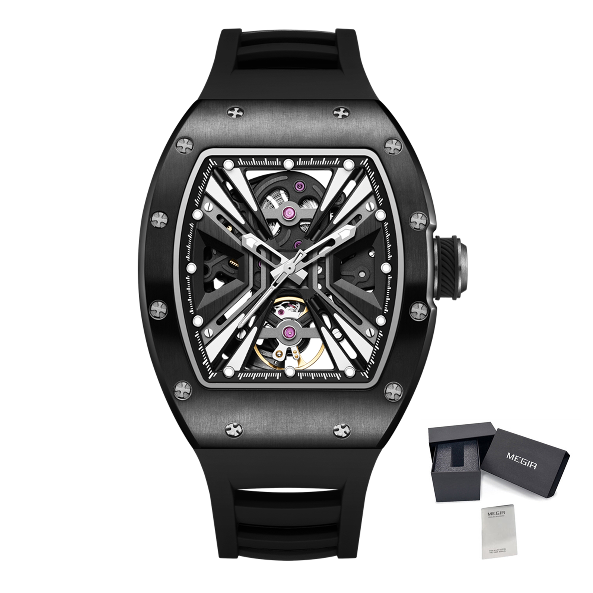 MEGIR Skeleton Dial Men's Watch Stainless Steel Case Automatic Mechanical Wristwatches 30M Waterproof Sports Watches Gift 9190-4