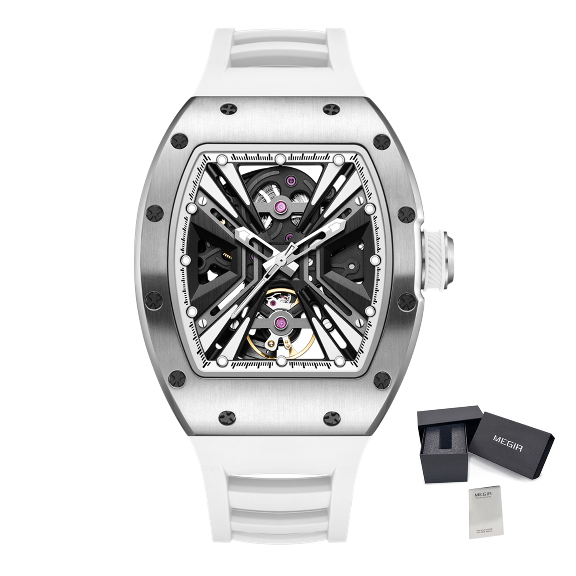MEGIR Skeleton Dial Men's Watch Stainless Steel Case Automatic Mechanical Wristwatches 30M Waterproof Sports Watches Gift 9190-4