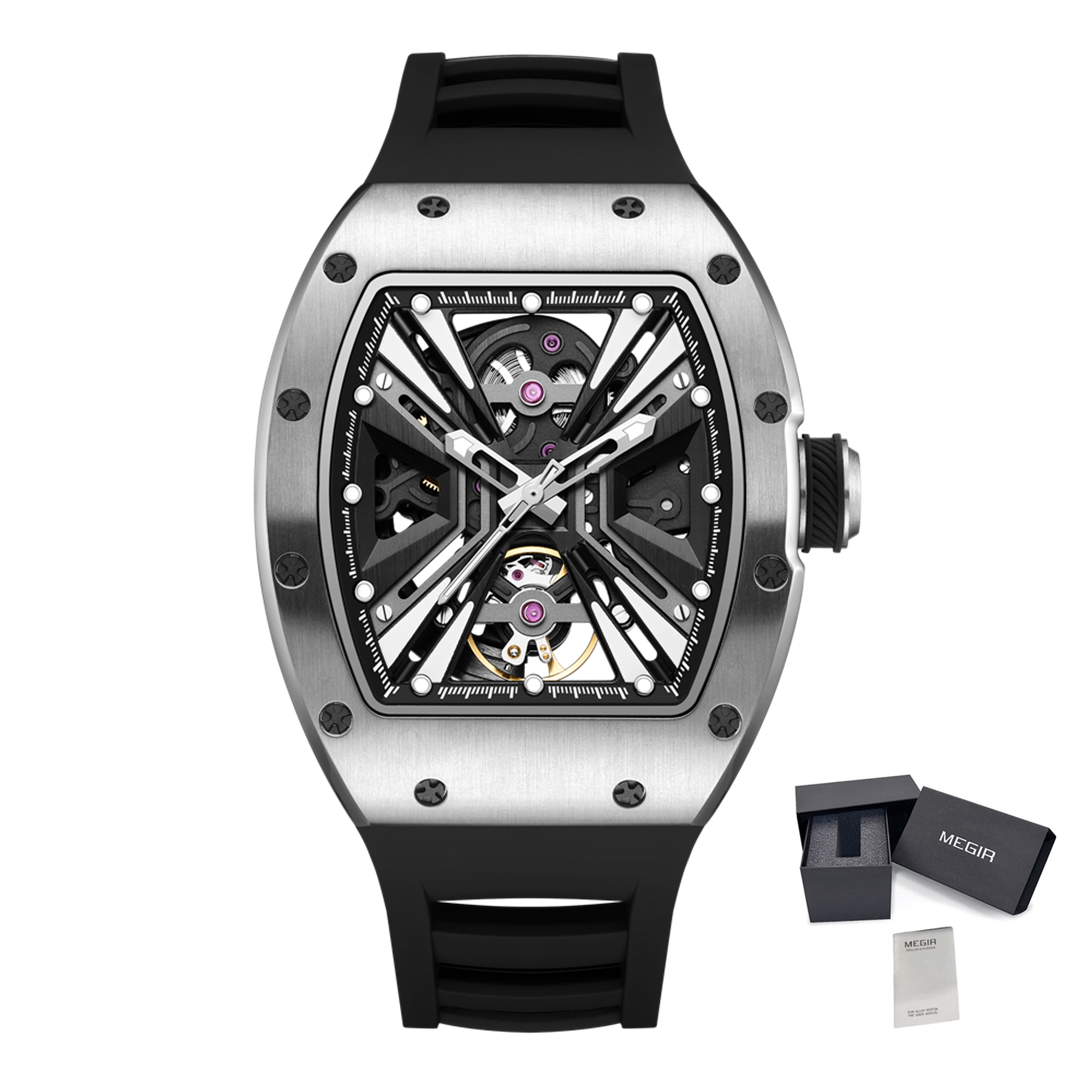 MEGIR Skeleton Dial Men's Watch Stainless Steel Case Automatic Mechanical Wristwatches 30M Waterproof Sports Watches Gift 9190-4