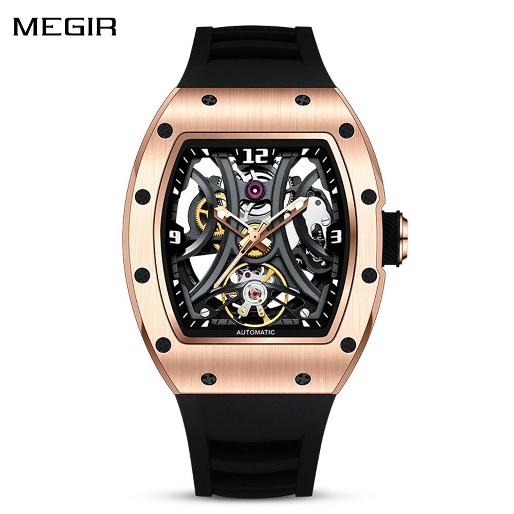MEGIR Skeleton Big Dial Men Mechanical Watch Fashion Luminous Automatic Movement Wristwatch Stainless Steel Case Clock 9190-11