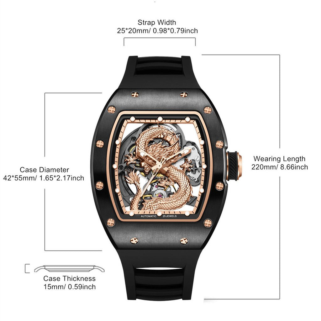 MEGIR Automatic Mechanical Skeleton Men Watch Luxury Stainless Steel Case Tonneau Dial Wristwatch Waterproof Sport Watches 9190-15
