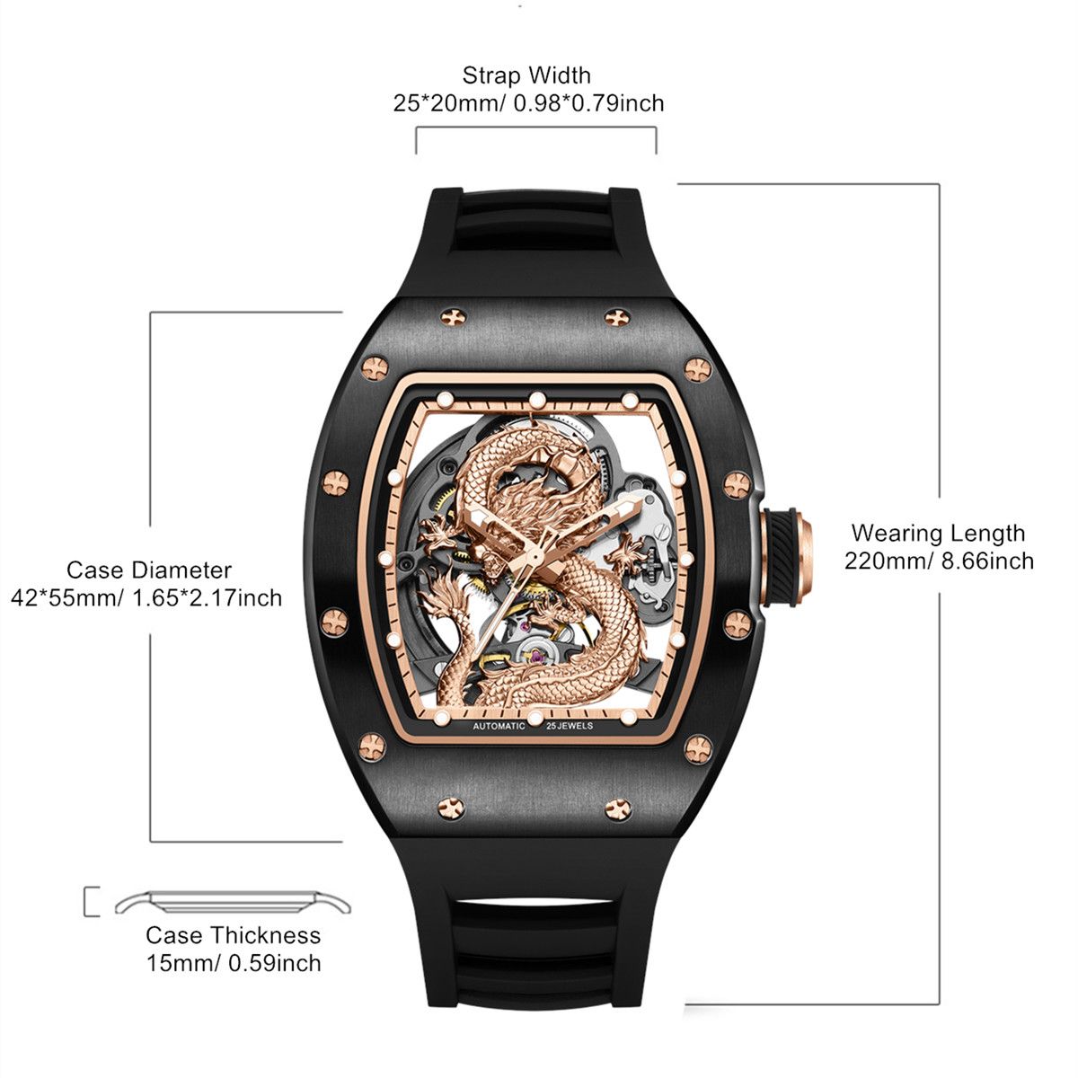 MEGIR Automatic Mechanical Skeleton Men Watch Luxury Stainless Steel Case Tonneau Dial Wristwatch Waterproof Sport Watches 9190-15