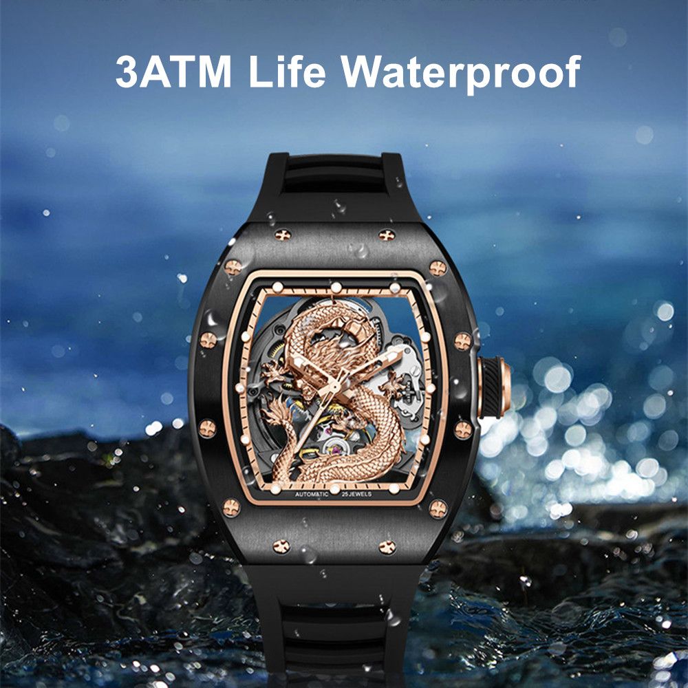 MEGIR Automatic Mechanical Skeleton Men Watch Luxury Stainless Steel Case Tonneau Dial Wristwatch Waterproof Sport Watches 9190-15