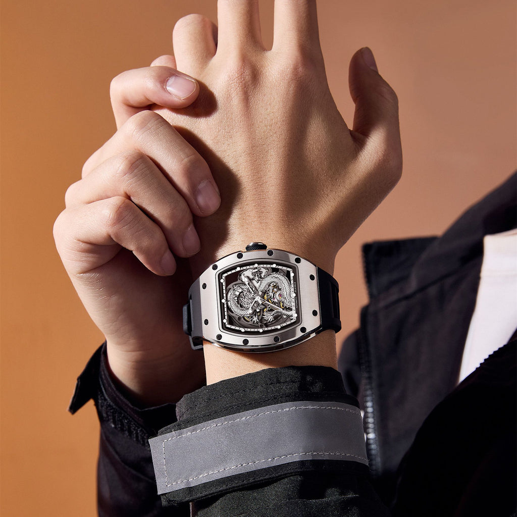 MEGIR Automatic Mechanical Skeleton Men Watch Luxury Stainless Steel Case Tonneau Dial Wristwatch Waterproof Sport Watches 9190-15