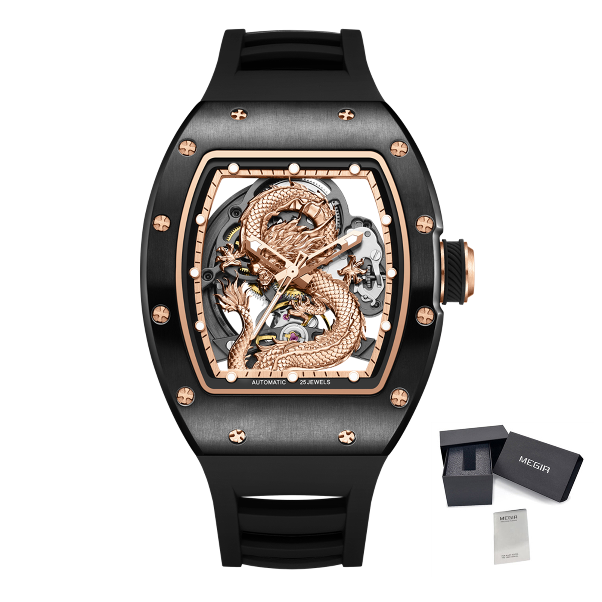 MEGIR Automatic Mechanical Skeleton Men Watch Luxury Stainless Steel Case Tonneau Dial Wristwatch Waterproof Sport Watches 9190-15