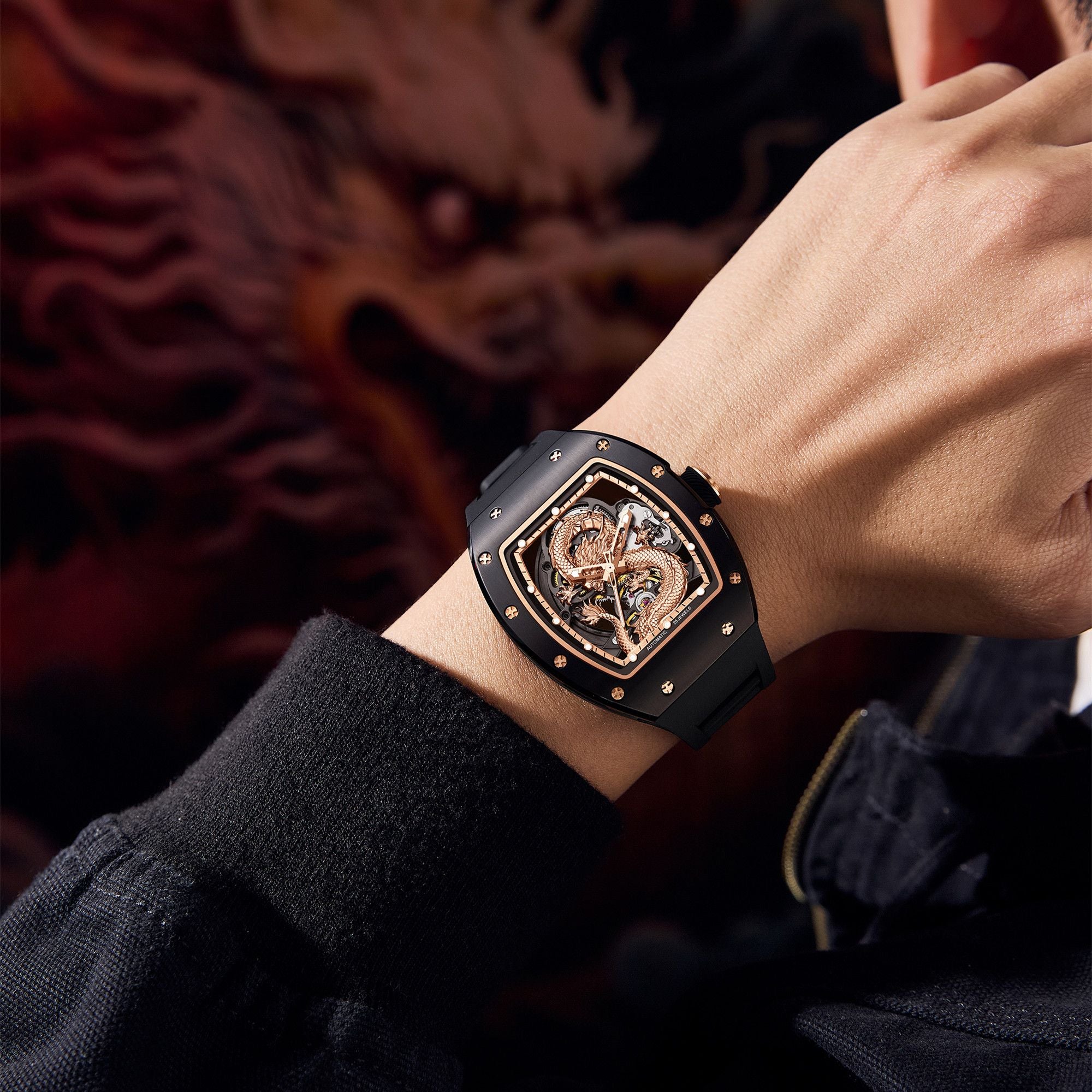 MEGIR Automatic Mechanical Skeleton Men Watch Luxury Stainless Steel Case Tonneau Dial Wristwatch Waterproof Sport Watches 9190-15