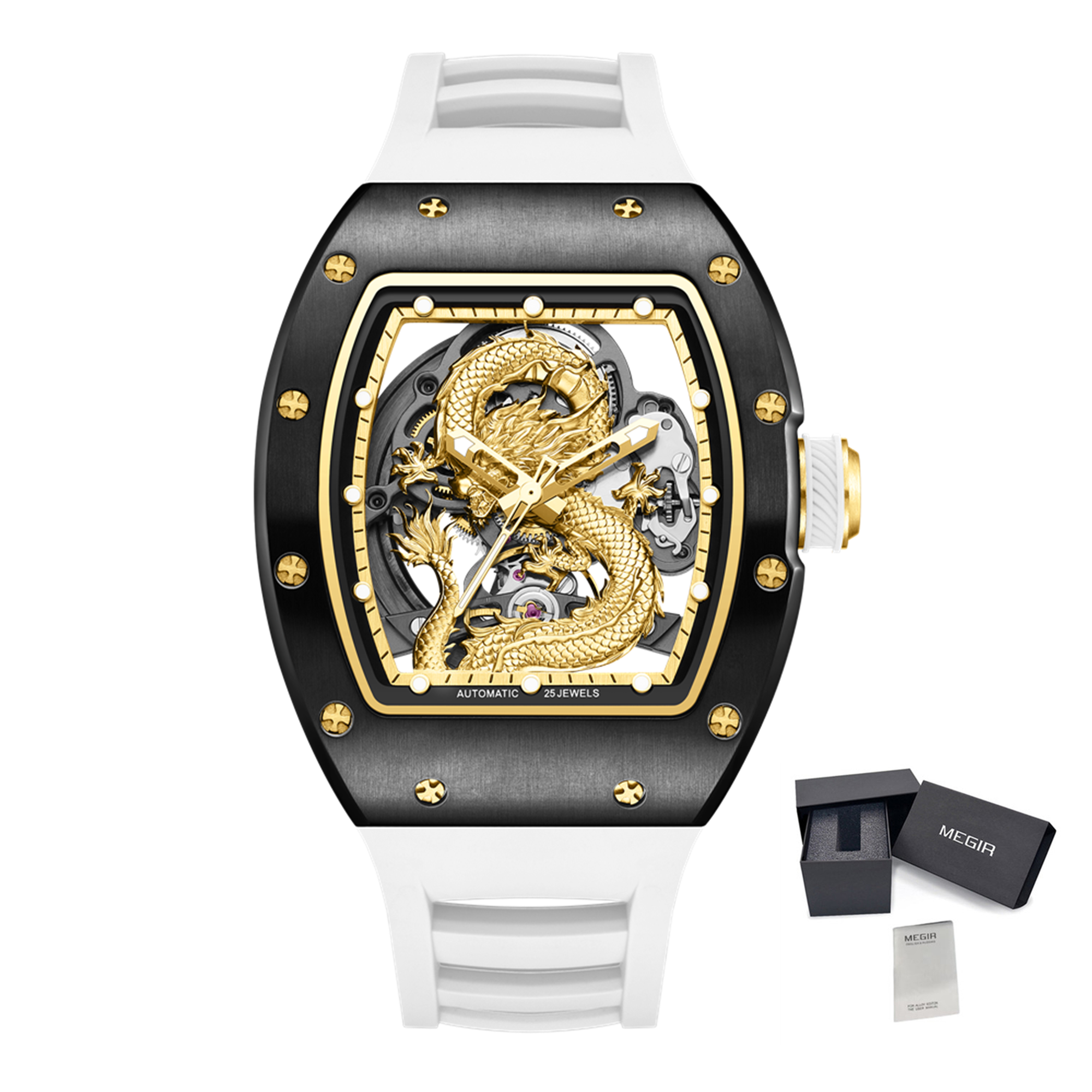 MEGIR Automatic Mechanical Skeleton Men Watch Luxury Stainless Steel Case Tonneau Dial Wristwatch Waterproof Sport Watches 9190-15