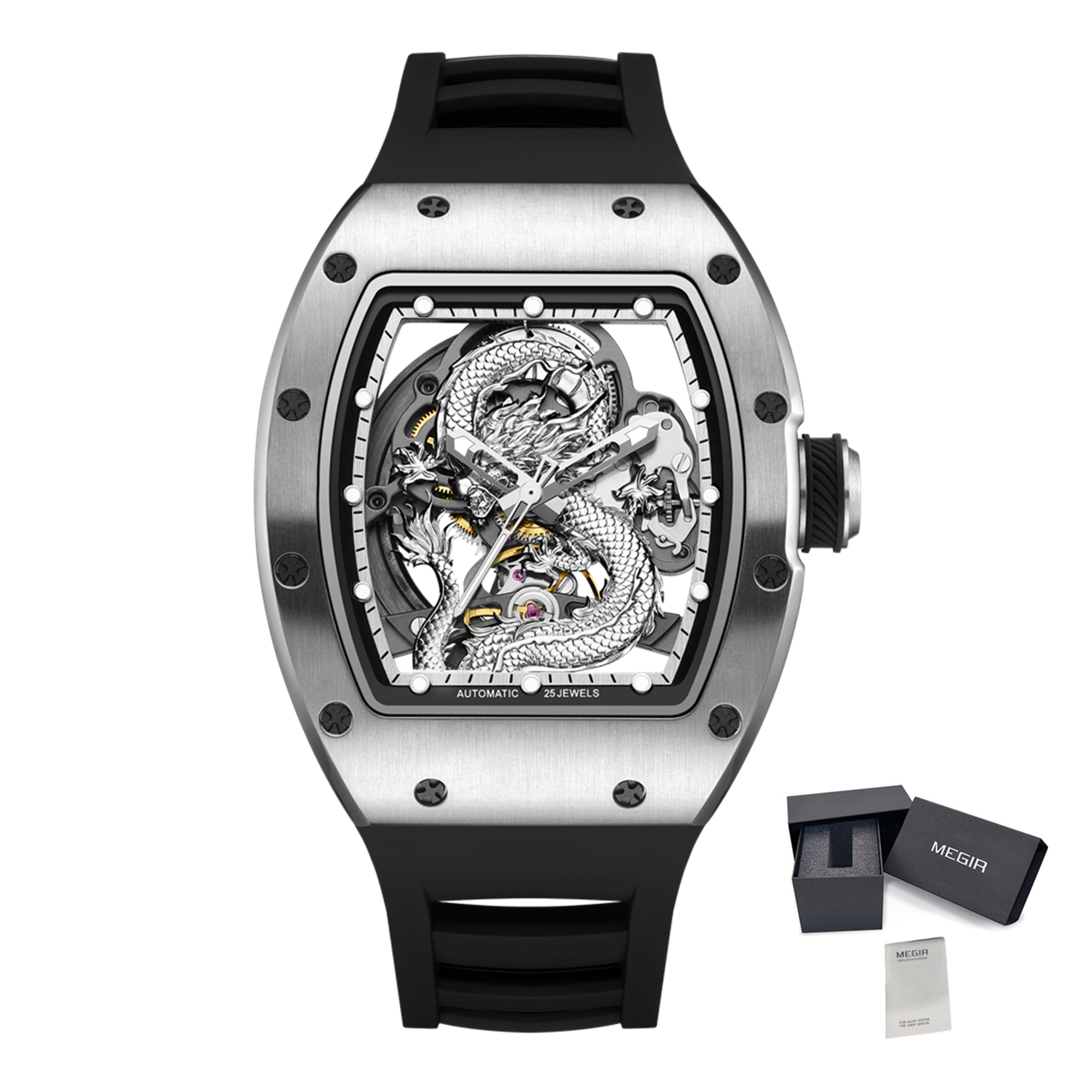 MEGIR Automatic Mechanical Skeleton Men Watch Luxury Stainless Steel Case Tonneau Dial Wristwatch Waterproof Sport Watches 9190-15