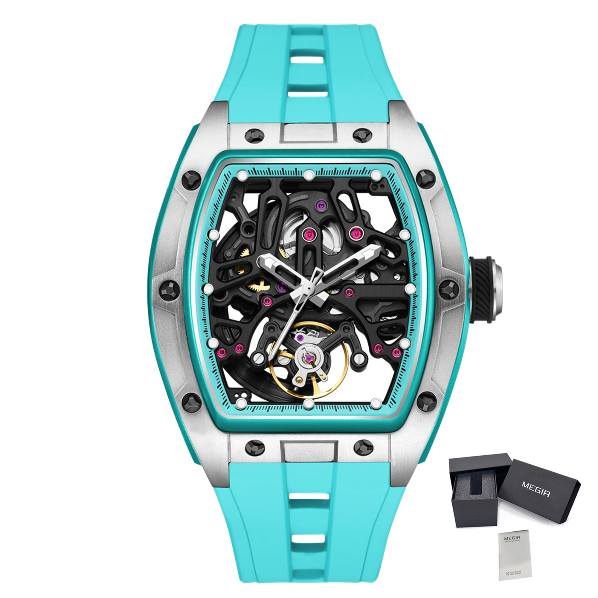 MEGIR Skeleton Dial Watches for Men Stainless Steel Case Automatic Mechanical Wristwatch Waterproof Luminous Sport Watch 9198-1