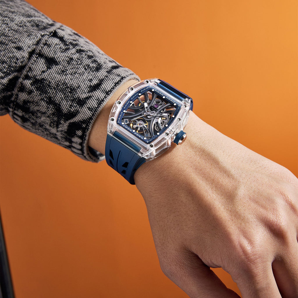 MEGIR Automatic Sport Watch for Men Transparent 43MM Hollow Dial Mechanical Movment Wristwatch Waterproof Luminous Clock 9195-11