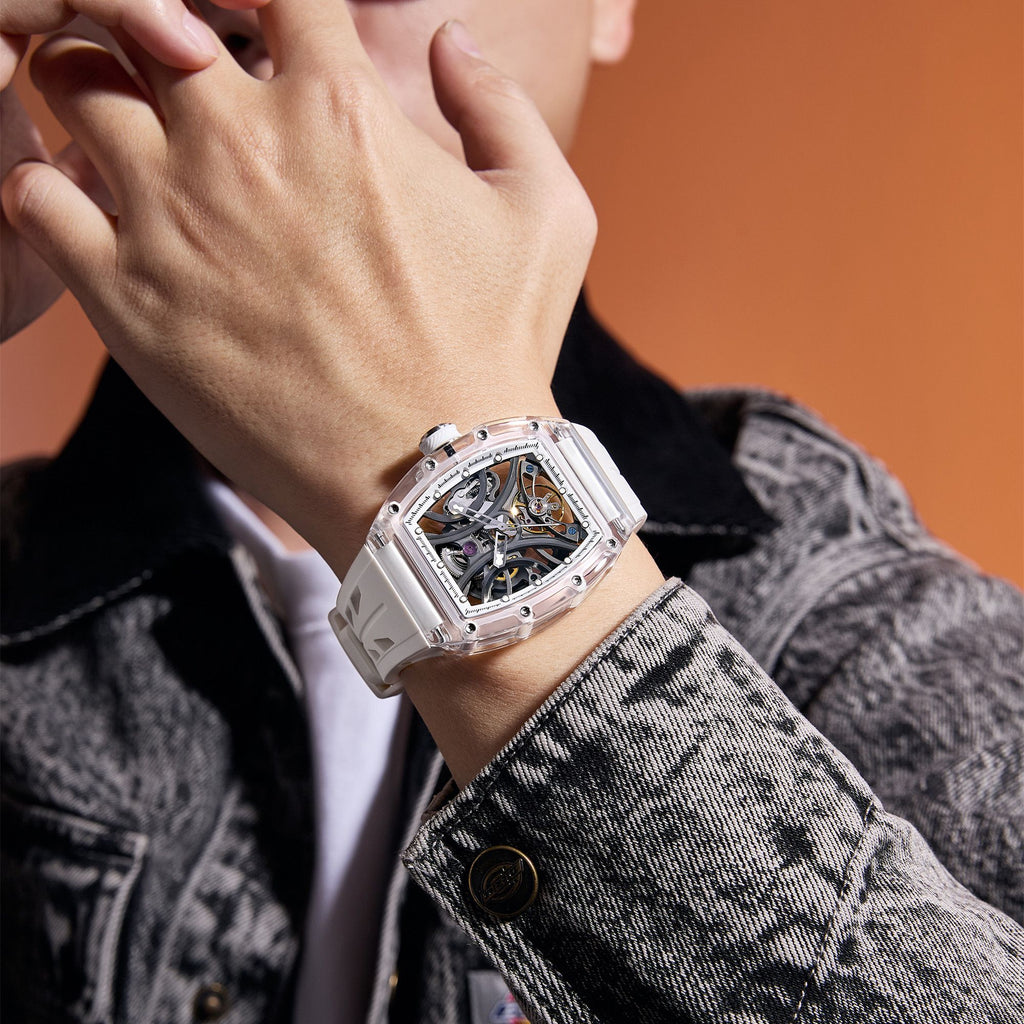 MEGIR Automatic Sport Watch for Men Transparent 43MM Hollow Dial Mechanical Movment Wristwatch Waterproof Luminous Clock 9195-11