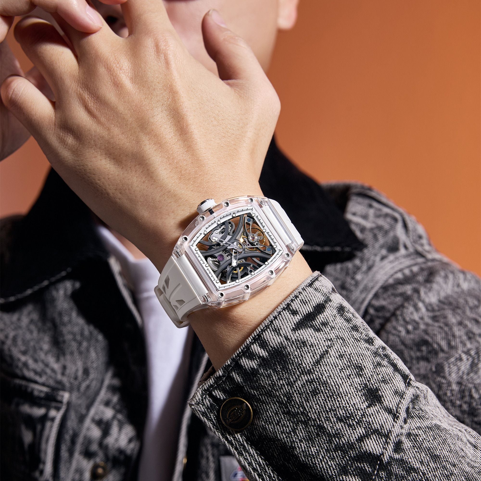 MEGIR Automatic Sport Watch for Men Transparent 43MM Hollow Dial Mechanical Movment Wristwatch Waterproof Luminous Clock 9195-11