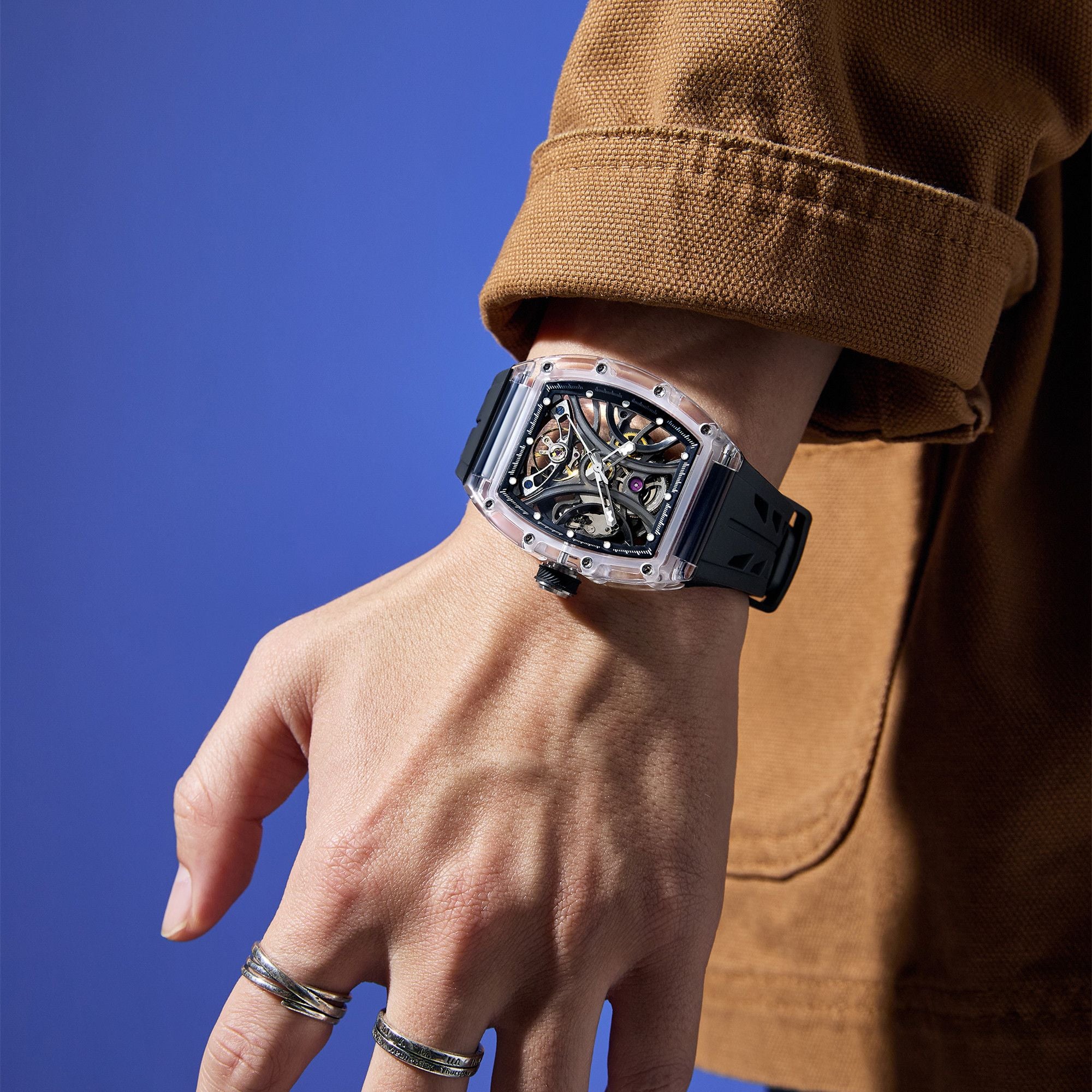 MEGIR Automatic Sport Watch for Men Transparent 43MM Hollow Dial Mechanical Movment Wristwatch Waterproof Luminous Clock 9195-11