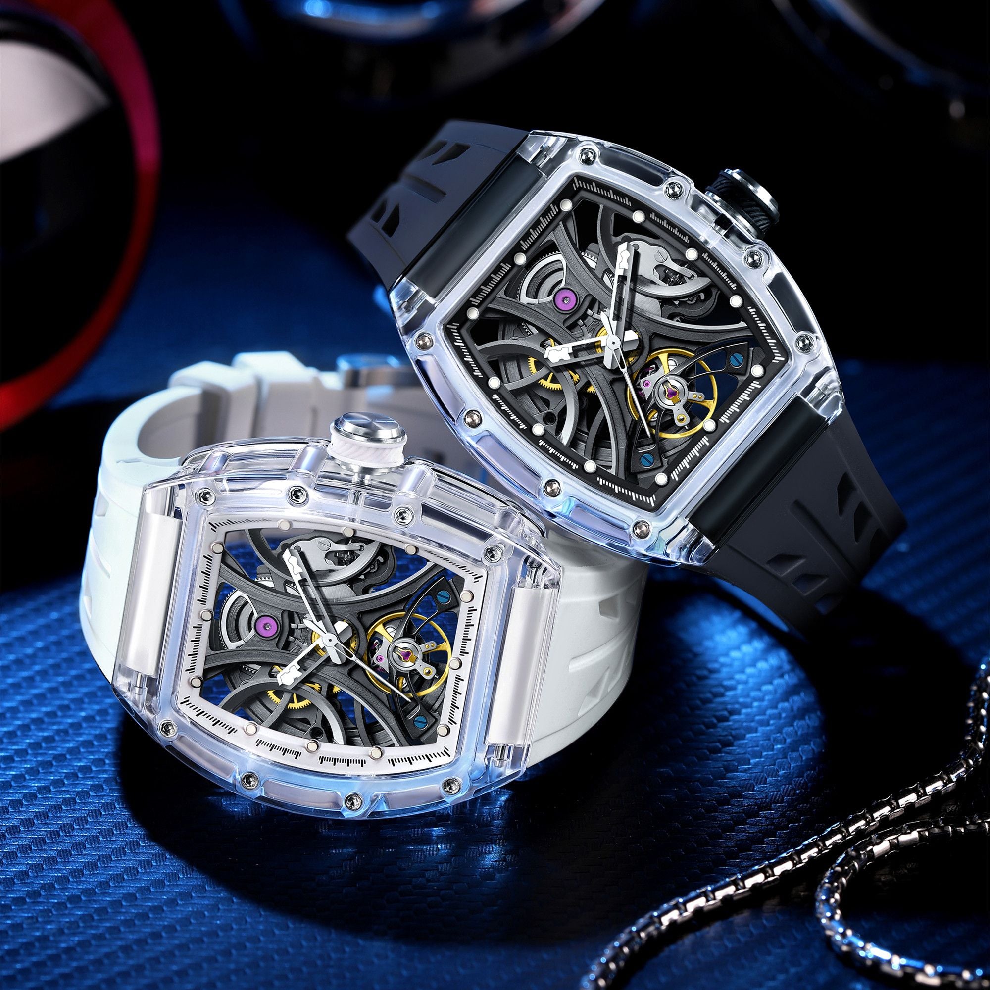 MEGIR Automatic Sport Watch for Men Transparent 43MM Hollow Dial Mechanical Movment Wristwatch Waterproof Luminous Clock 9195-11