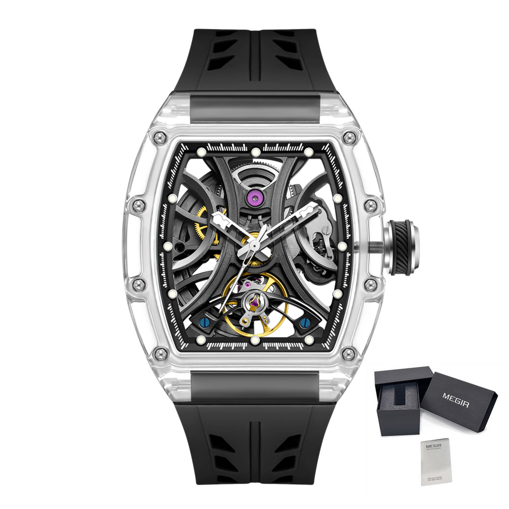 MEGIR Automatic Sport Watch for Men Transparent 43MM Hollow Dial Mechanical Movment Wristwatch Waterproof Luminous Clock 9195-11