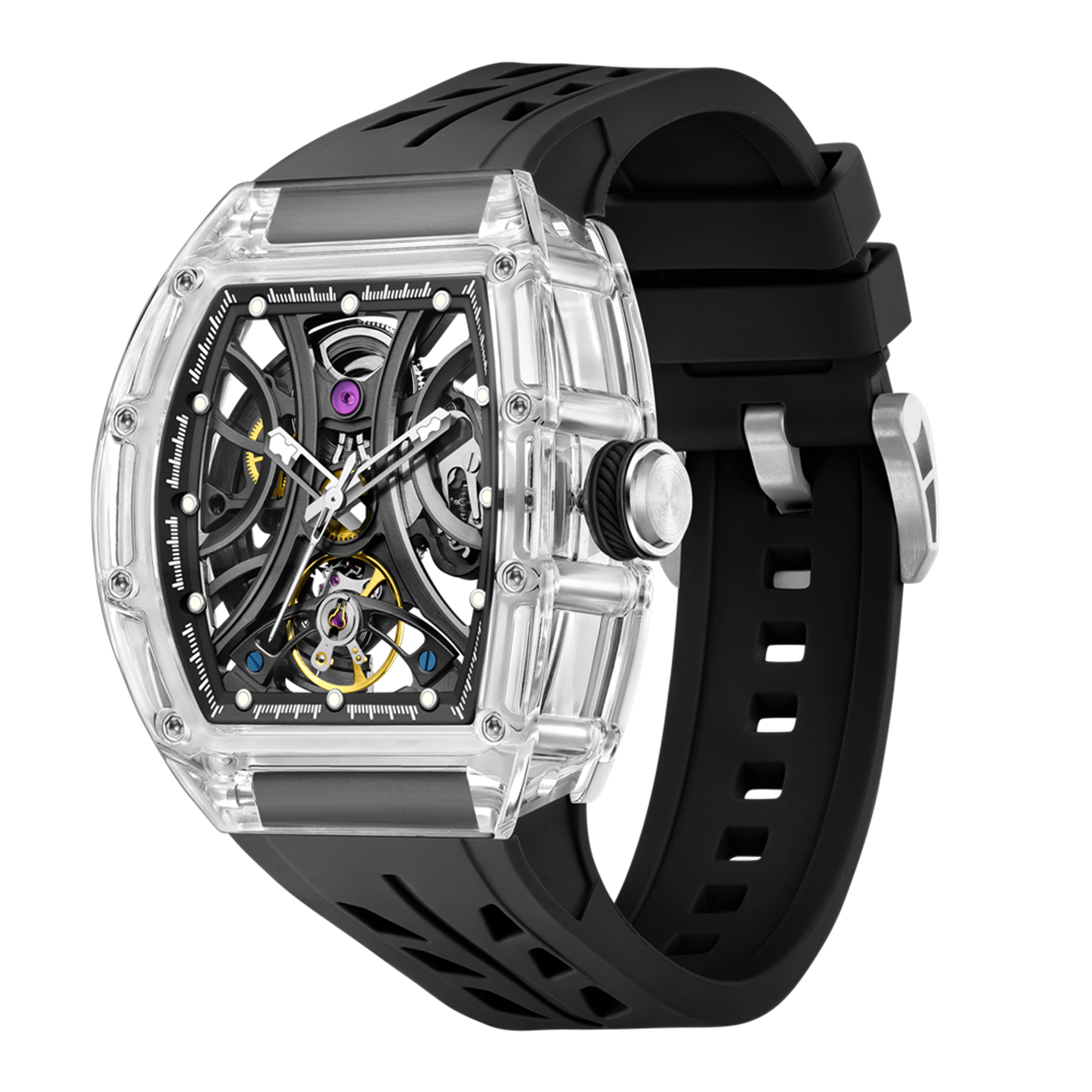 MEGIR Automatic Sport Watch for Men Transparent 43MM Hollow Dial Mechanical Movment Wristwatch Waterproof Luminous Clock 9195-11