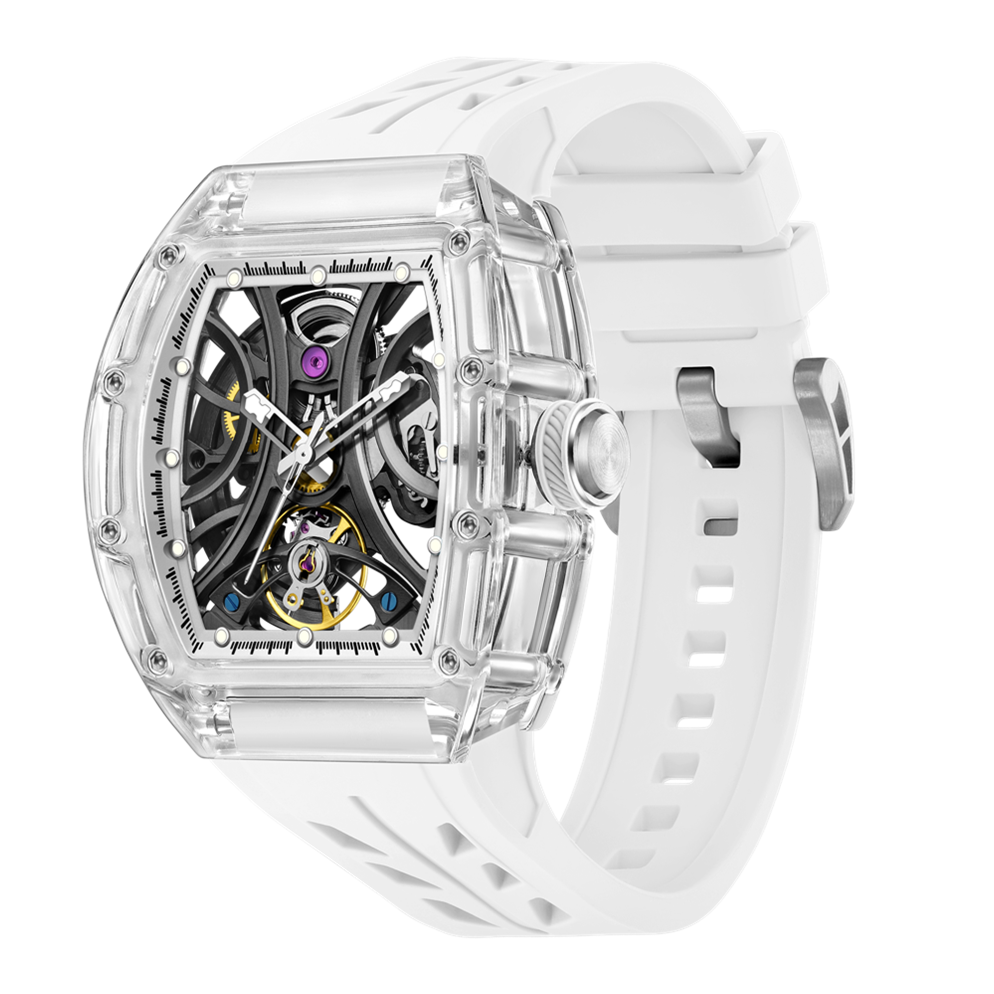 MEGIR Automatic Sport Watch for Men Transparent 43MM Hollow Dial Mechanical Movment Wristwatch Waterproof Luminous Clock 9195-11